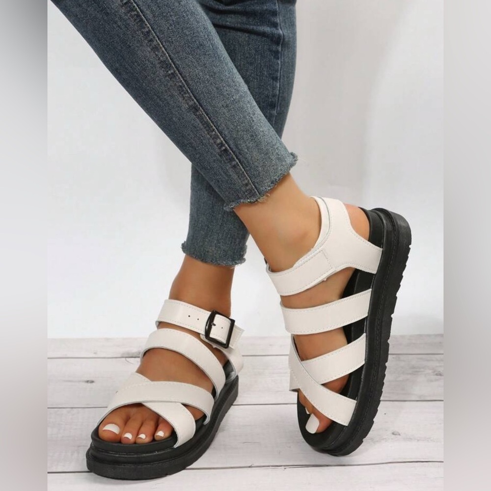 Leather PU Platform Wedge Sandals With Buckle And Thick Heels.Super comfortable